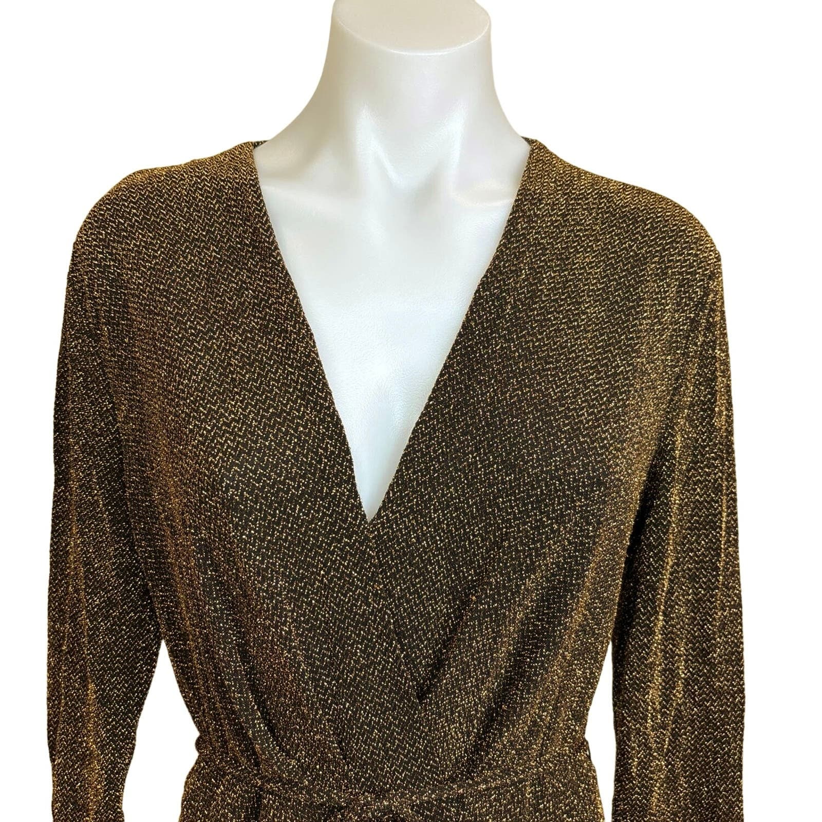 Who What Wear Metallic Gold Faux Wrap Tie Waist Midi Long Sleeve Dress Size M - Image 3