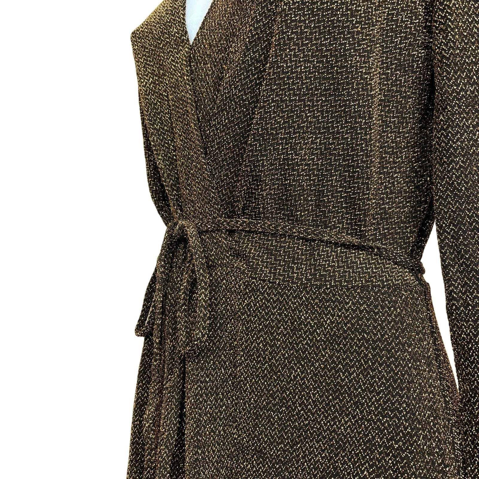 Who What Wear Metallic Gold Faux Wrap Tie Waist Midi Long Sleeve Dress Size M - Image 4