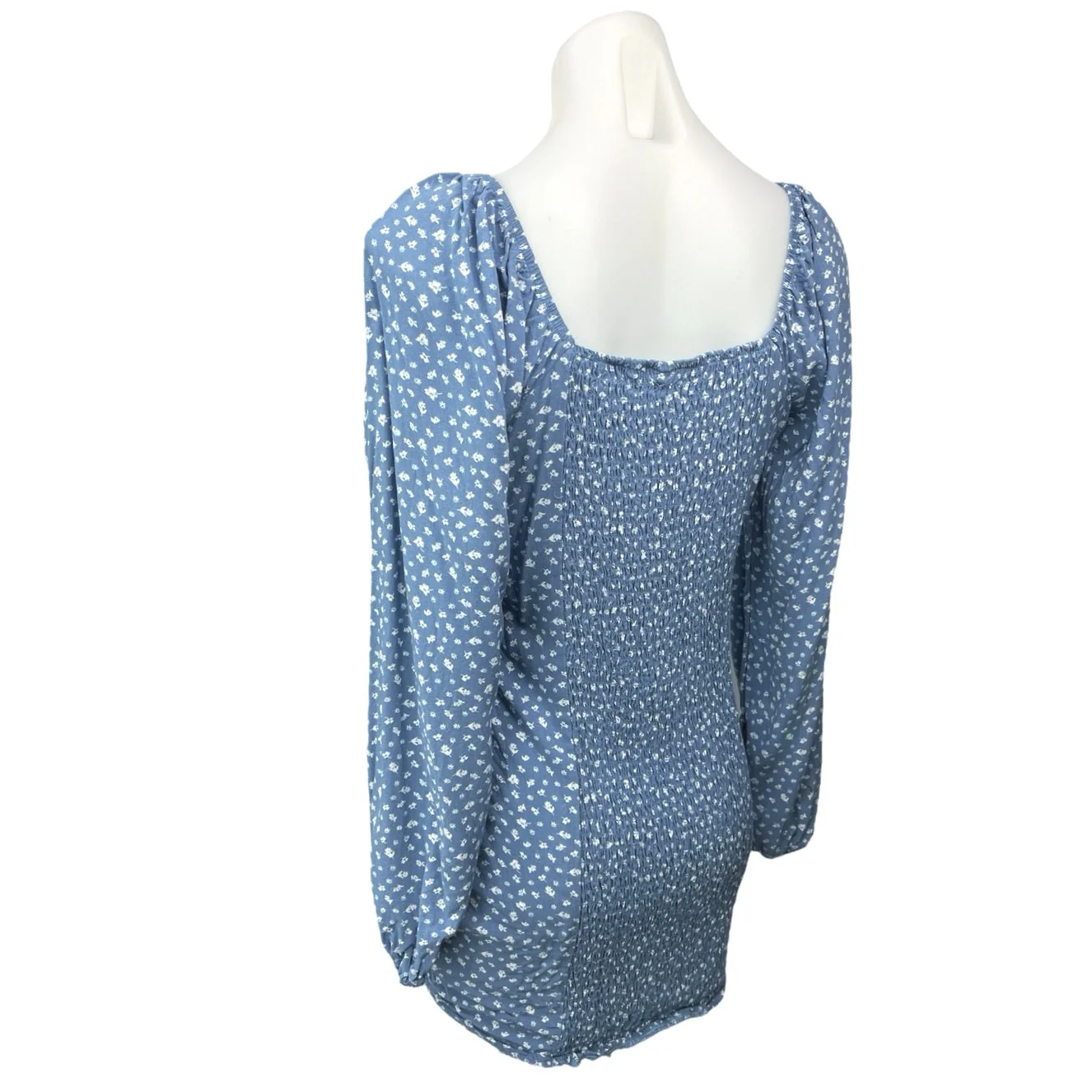 Wild Fable Blue Floral Puff Long Sleeve Cinched Tie Smocked Mini Bodycon Dress M - Image 2