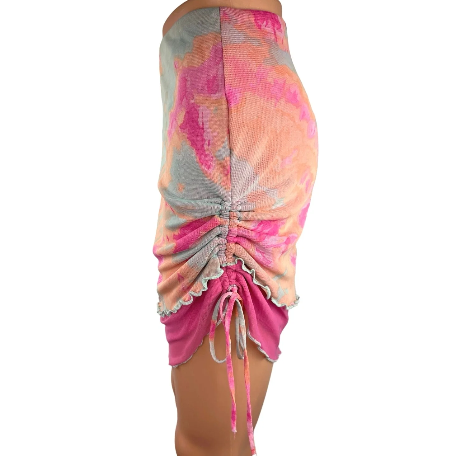 Wild Fable Pink Orange Side Ruched High Waist Lettuce Hem Mini Pencil Skirt Sz M - Image 2