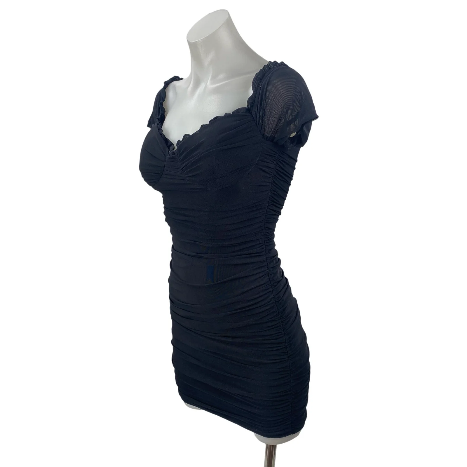 Windsor Black Mesh Ruched Sweetheart Ruffled Cap Sleeve Mini Bodycon Dress Sz S - Image 2