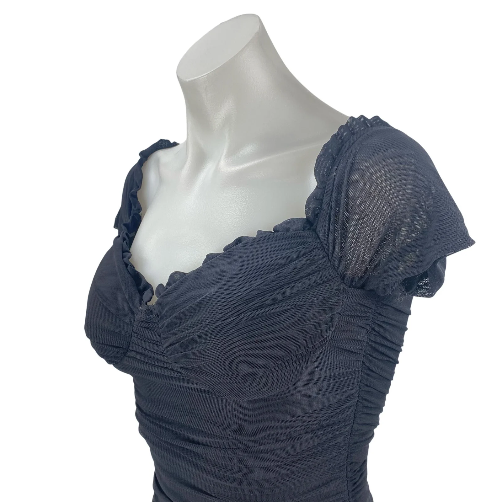 Windsor Black Mesh Ruched Sweetheart Ruffled Cap Sleeve Mini Bodycon Dress Sz S - Image 3