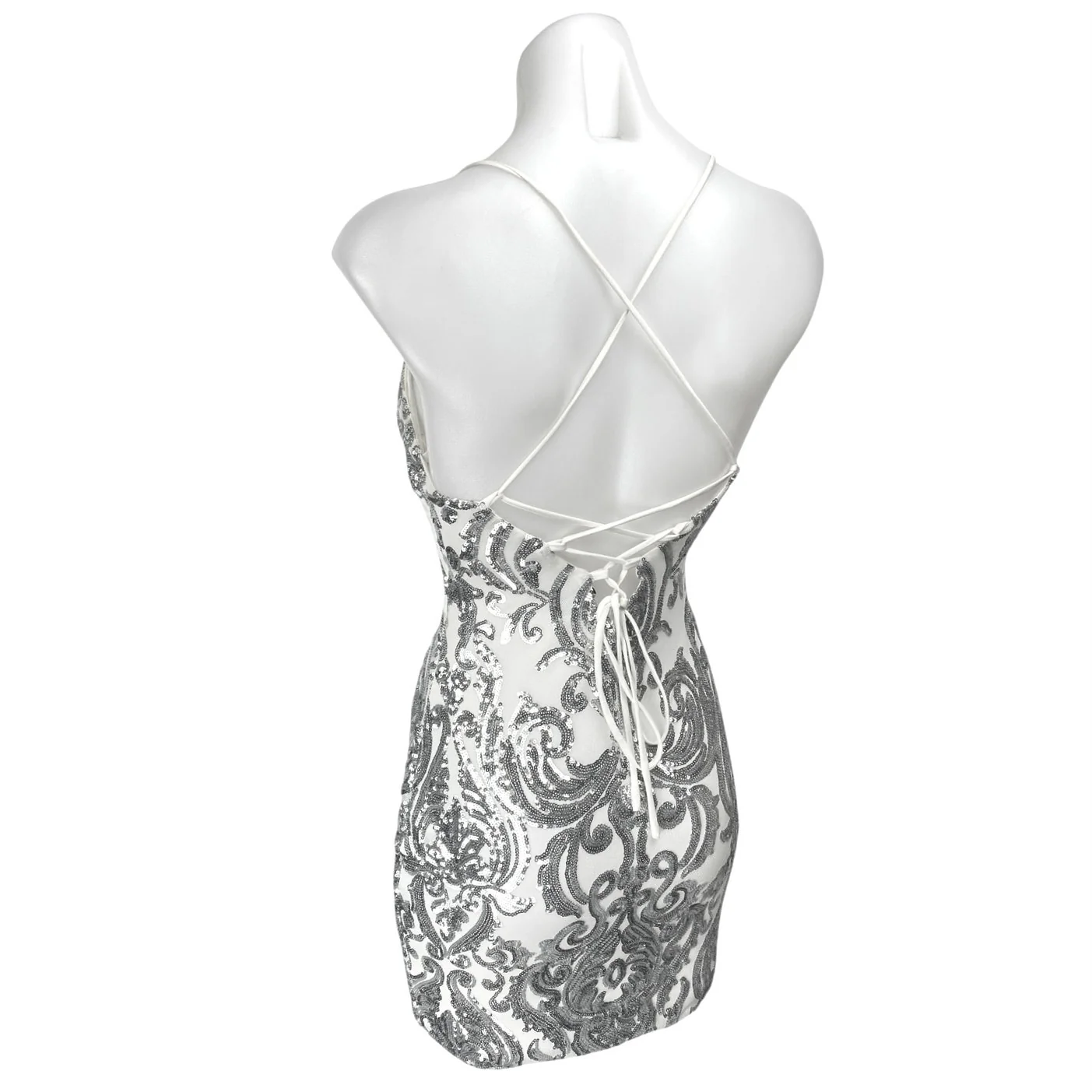 Windsor Gray Silver Sequin Sleeveless Plunging Cami Tank Mini Bodycon Dress OS - Image 2