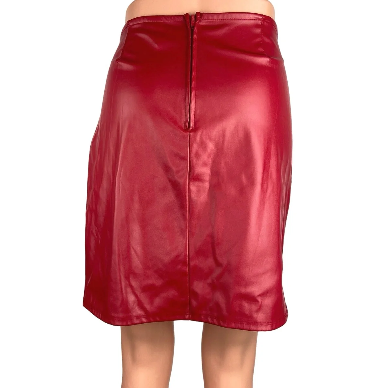Windsor Red Faux Leather Ruched Pencil Straight Mini Asymmetrical Wrap Skirt L - Image 3