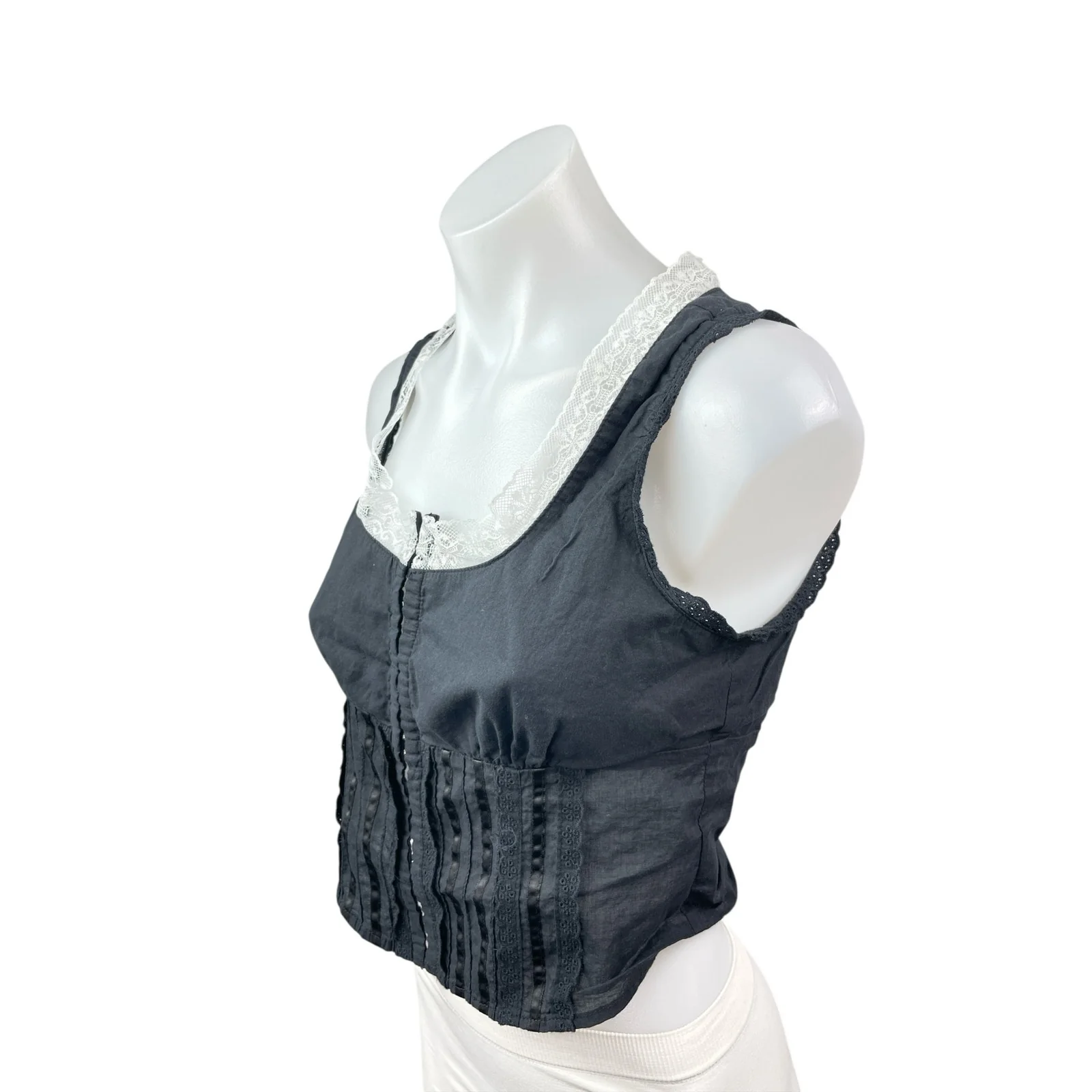 With Jean Black Lace Trim Pintucked Corset Bustier Zip Up Cami Tank Crop Top M - Image 2