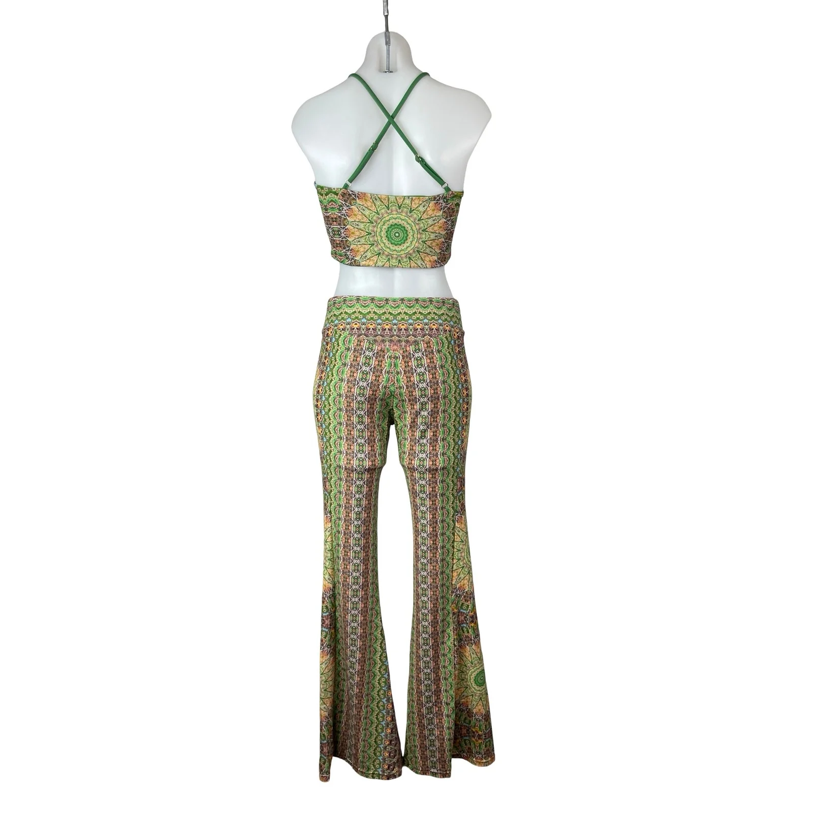 Wolven Fauna Green Mandala Sleeveless Crop Tank Top Flare Trousers Pants Set L - Image 4