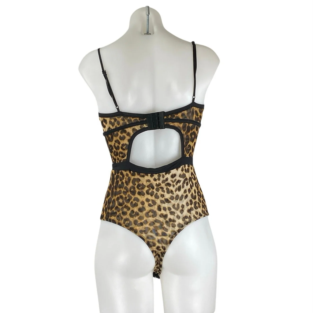 Women's Black Beige Floral Lace Sleeveless Leopard Cami Tank Bodysuit Top Size S - Image 3