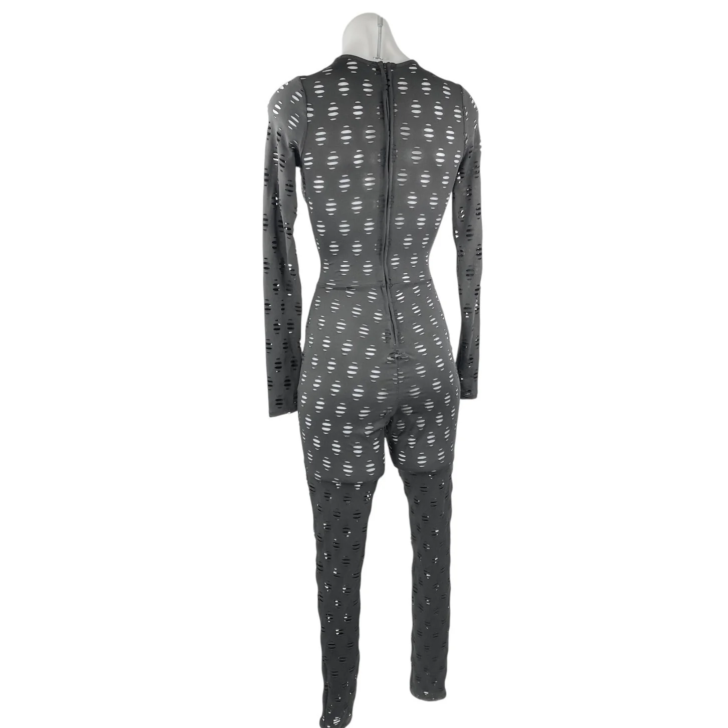Women's Black Eyelet Stretch Long Sleeve Crew Neck Fitted Skinny Jumpsuit Size S - Image 2