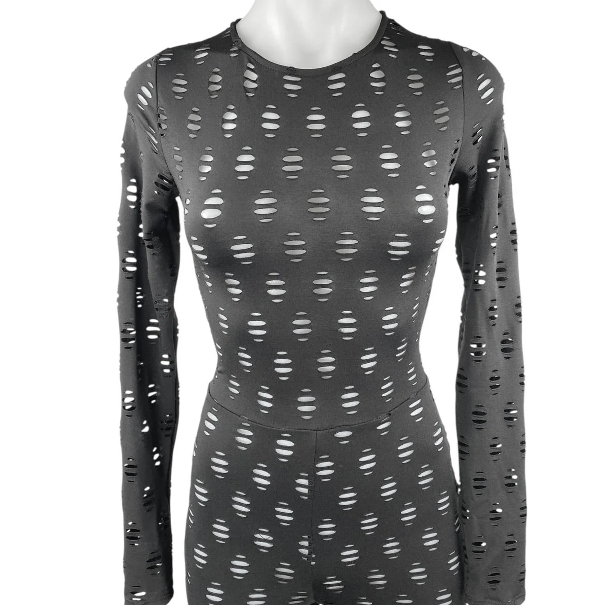 Women's Black Eyelet Stretch Long Sleeve Crew Neck Fitted Skinny Jumpsuit Size S - Image 3