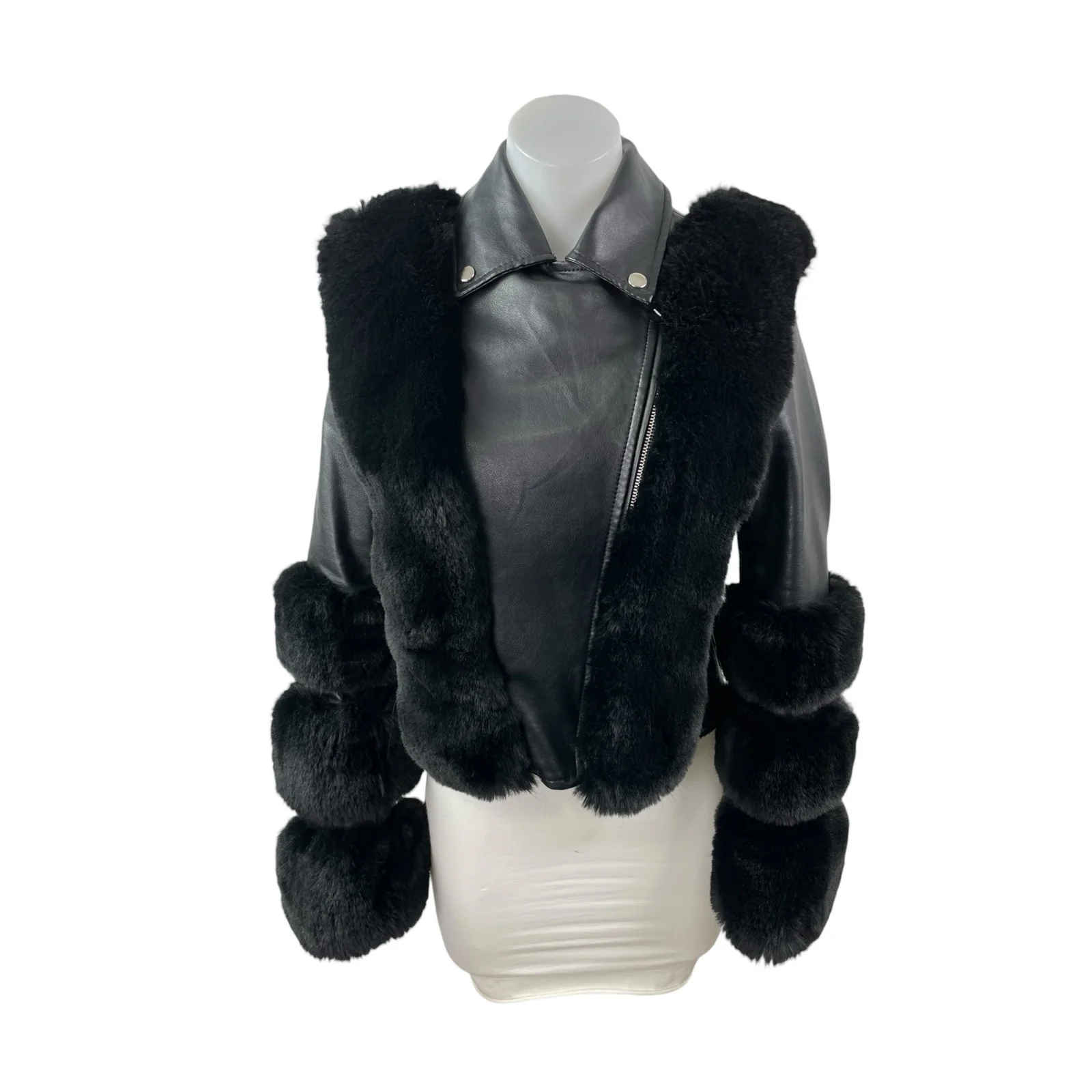 Women's Black Faux Fur Trim Faux Vegan Leather Crop Moto Biker Coat Jacket Sz S