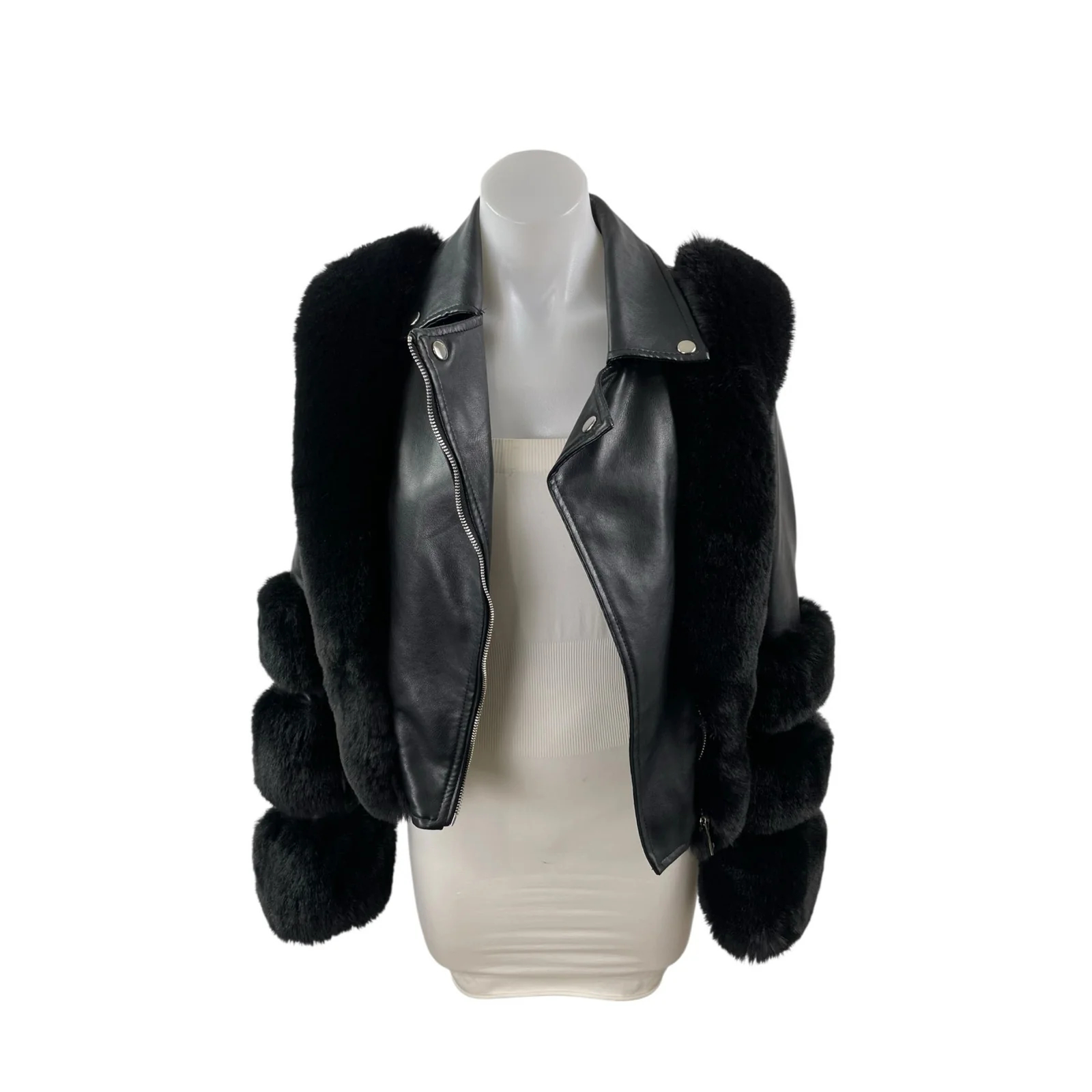 Women's Black Faux Fur Trim Faux Vegan Leather Crop Moto Biker Coat Jacket Sz S - Image 2