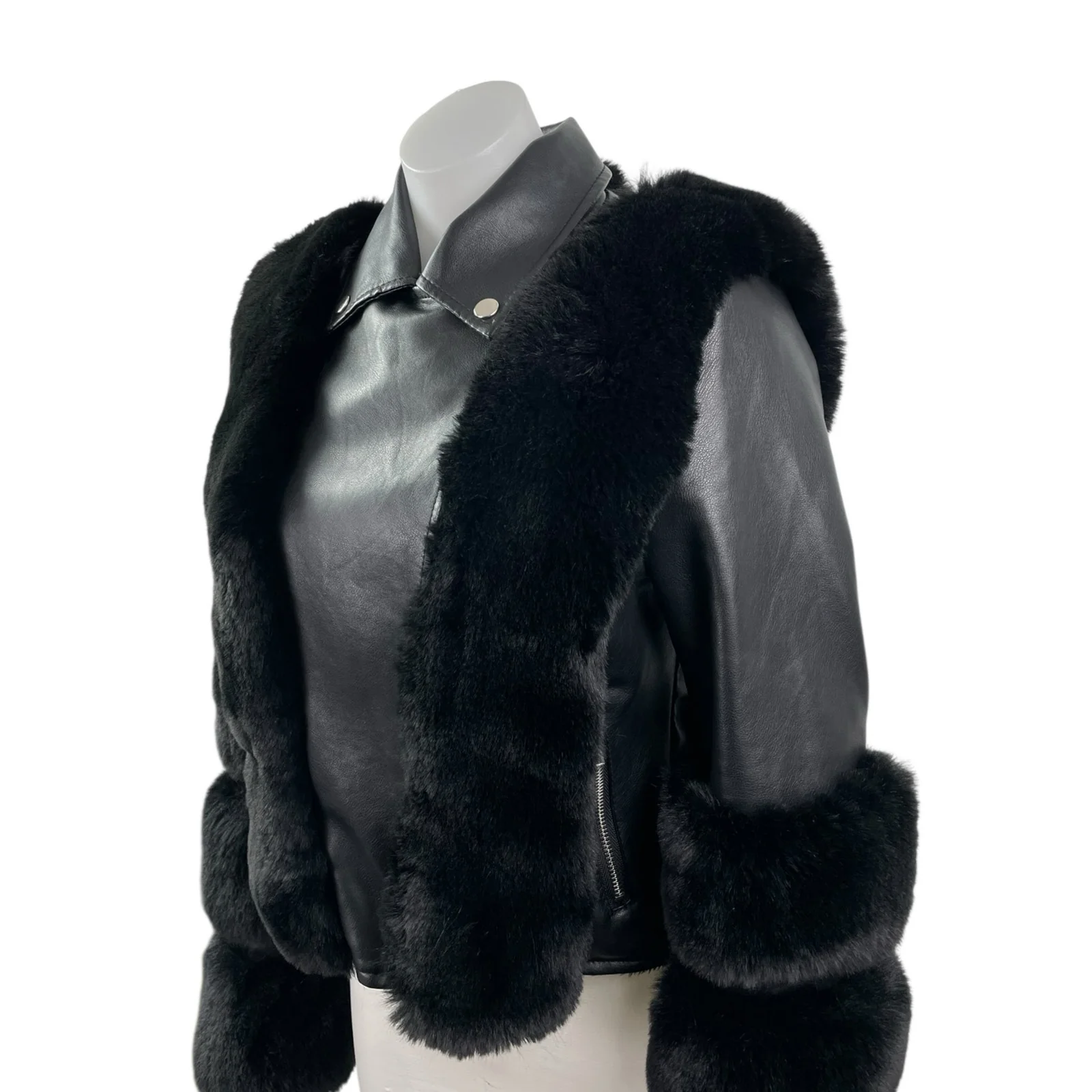 Women's Black Faux Fur Trim Faux Vegan Leather Crop Moto Biker Coat Jacket Sz S - Image 3