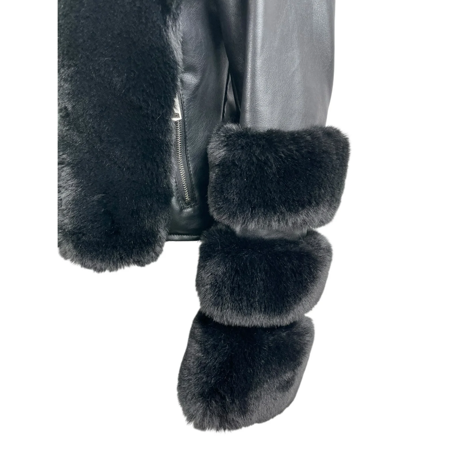 Women's Black Faux Fur Trim Faux Vegan Leather Crop Moto Biker Coat Jacket Sz S - Image 4
