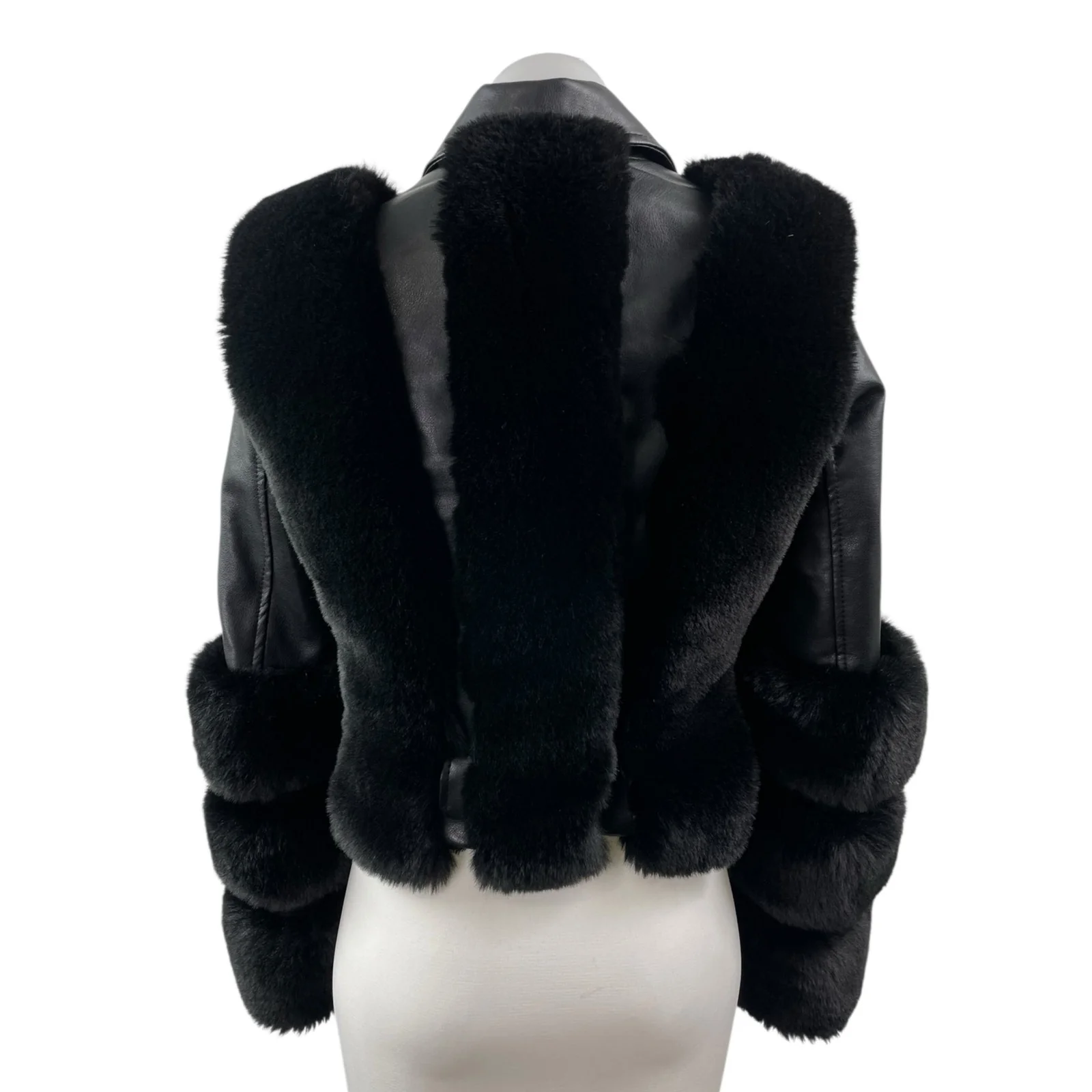 Women's Black Faux Fur Trim Faux Vegan Leather Crop Moto Biker Coat Jacket Sz S - Image 5