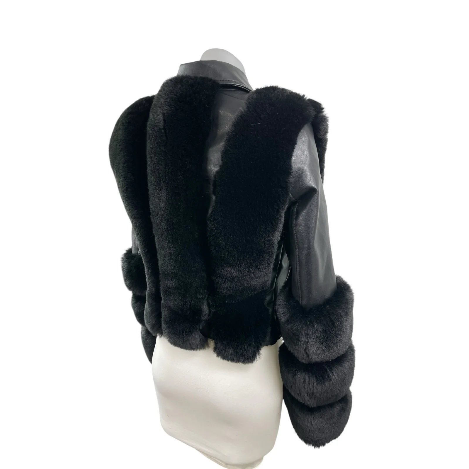 Women's Black Faux Fur Trim Faux Vegan Leather Crop Moto Biker Coat Jacket Sz S - Image 6