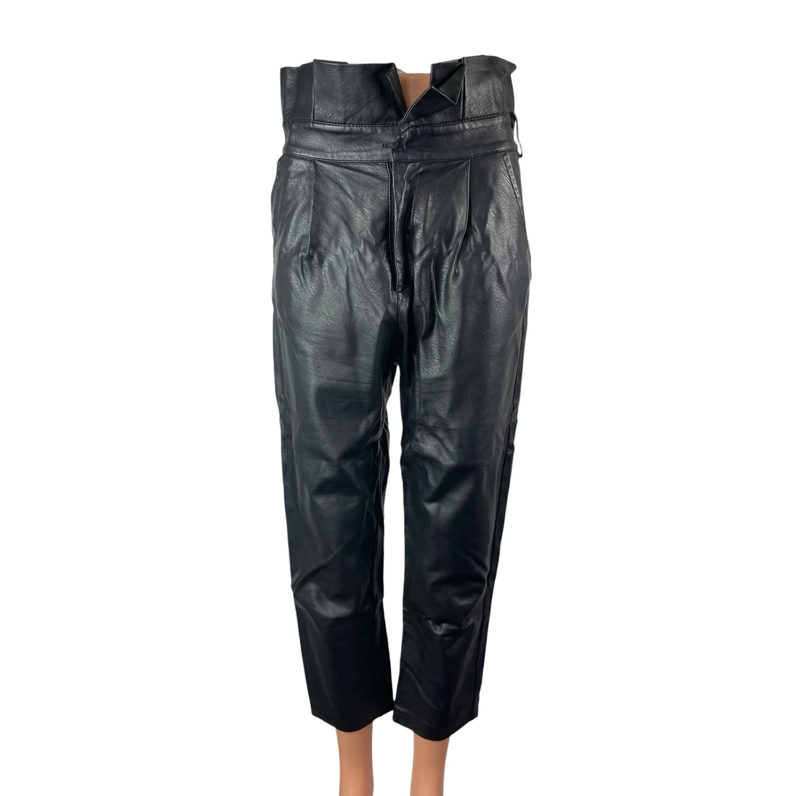 Women's Black Faux Leather Vegan High Rise Paperbag Straight Trousers Pants W30