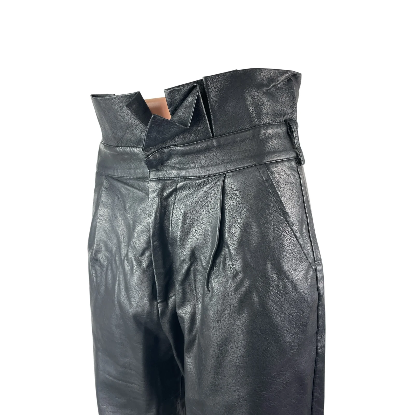 Women's Black Faux Leather Vegan High Rise Paperbag Straight Trousers Pants W30 - Image 2