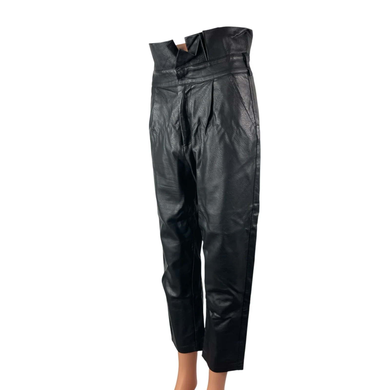 Women's Black Faux Leather Vegan High Rise Paperbag Straight Trousers Pants W30 - Image 3
