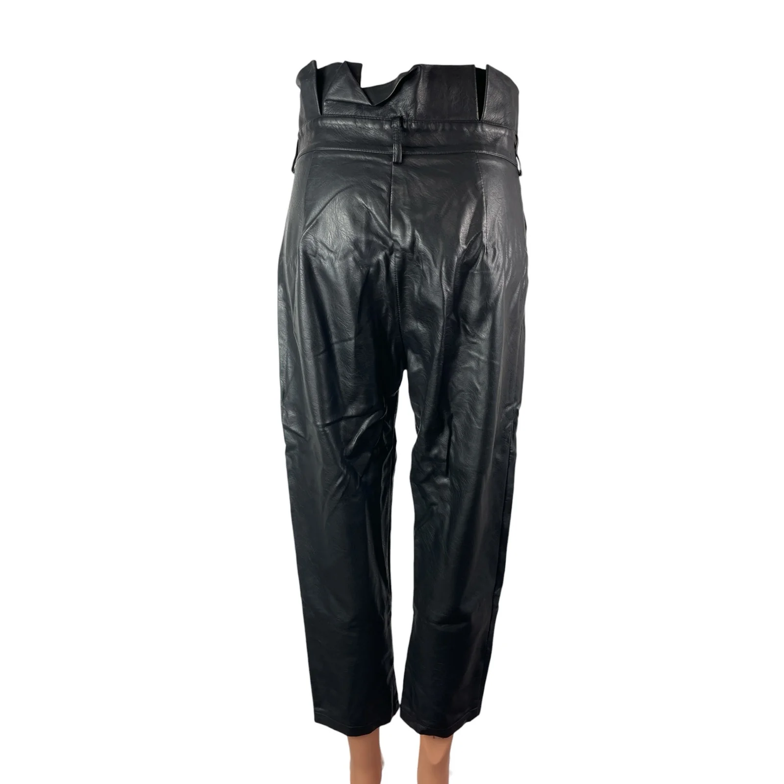 Women's Black Faux Leather Vegan High Rise Paperbag Straight Trousers Pants W30 - Image 4