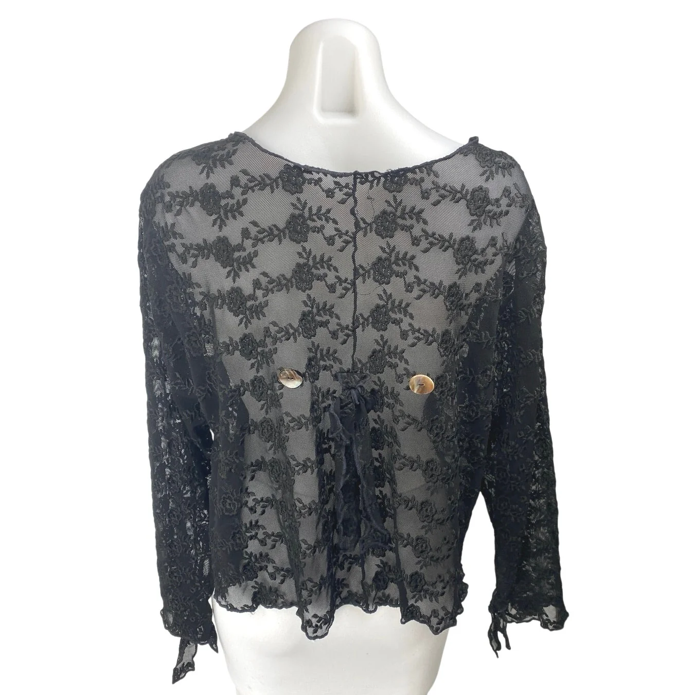 Women's Black Floral Lace Sheer Mesh Embroidered Button Up Blouse top Size OS - Image 2