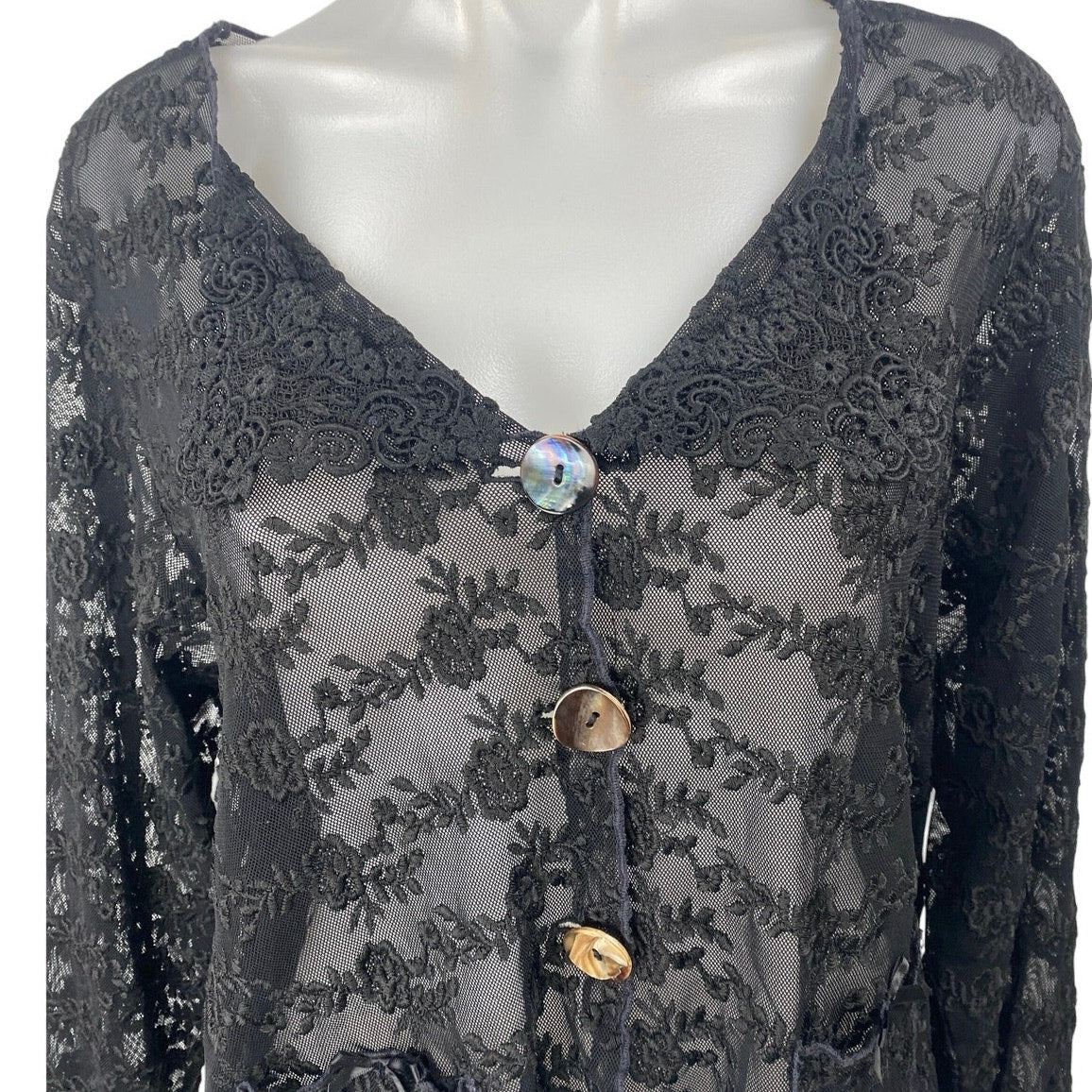 Women's Black Floral Lace Sheer Mesh Embroidered Button Up Blouse top Size OS - Image 3