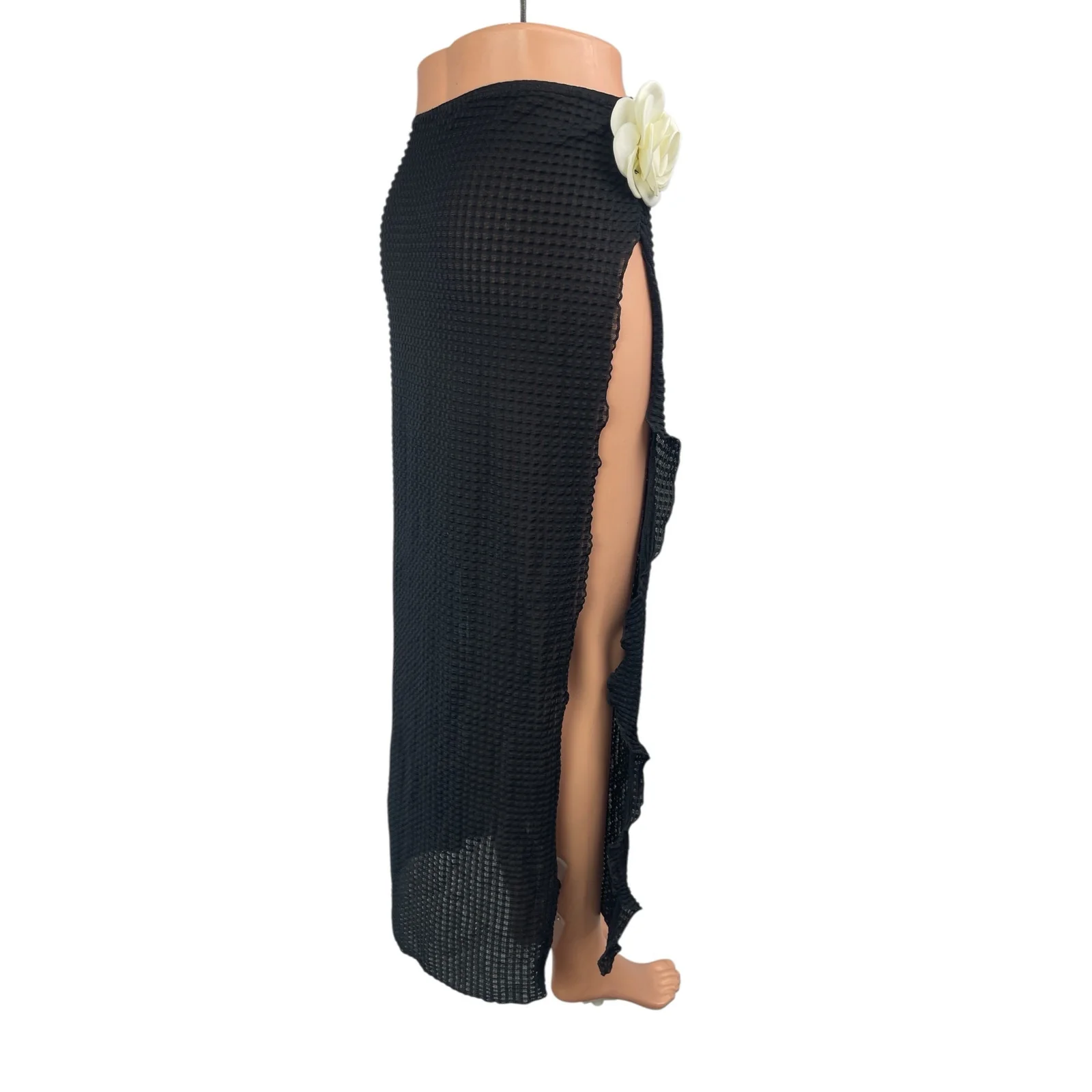 Women's Black Flower High Slit Sheer Midi Beach Swim Cover Up Skirt Size S/M - Image 2