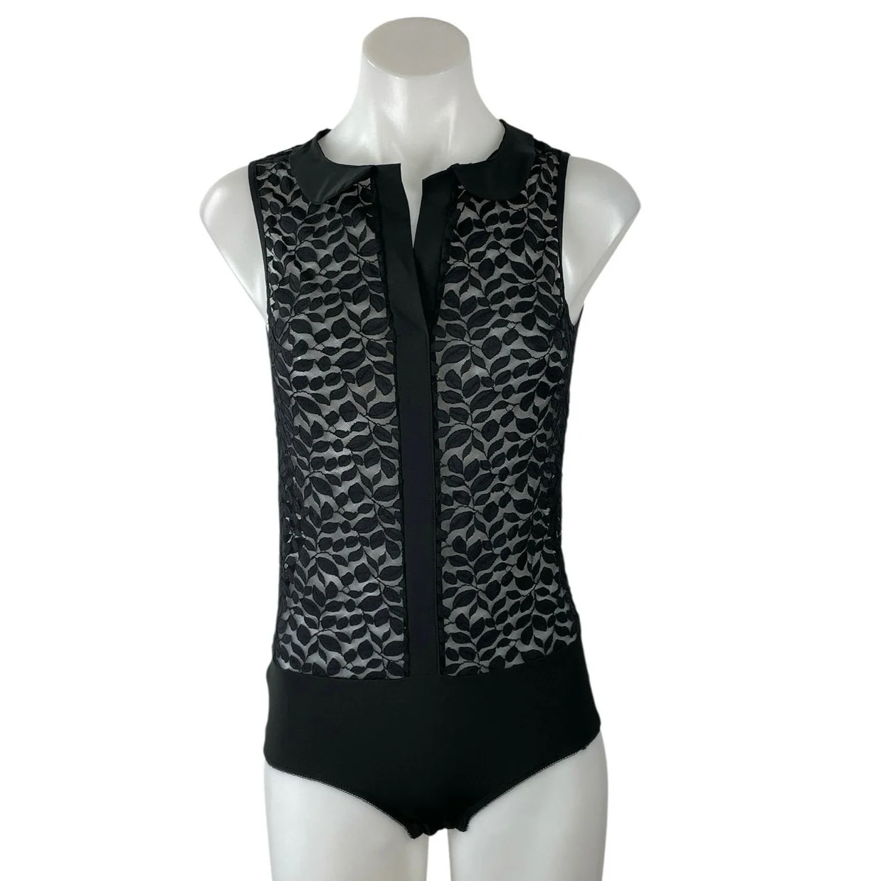 Women's Black Leaf Lace Mesh Sheer Sleeveless Collared Shirt Bodysuit Top Size 6