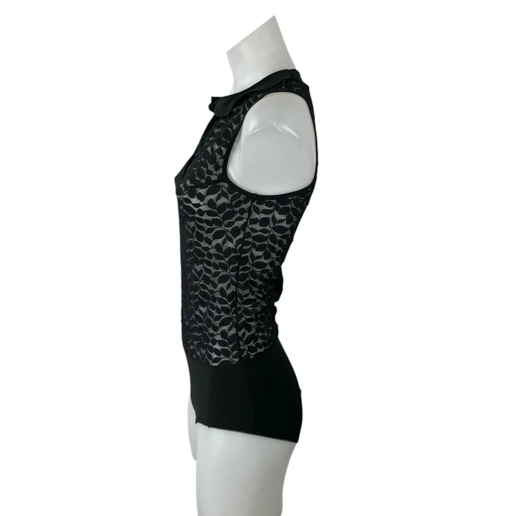 Women's Black Leaf Lace Mesh Sheer Sleeveless Collared Shirt Bodysuit Top Size 6 - Image 2
