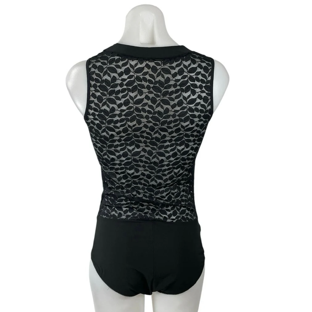 Women's Black Leaf Lace Mesh Sheer Sleeveless Collared Shirt Bodysuit Top Size 6 - Image 3