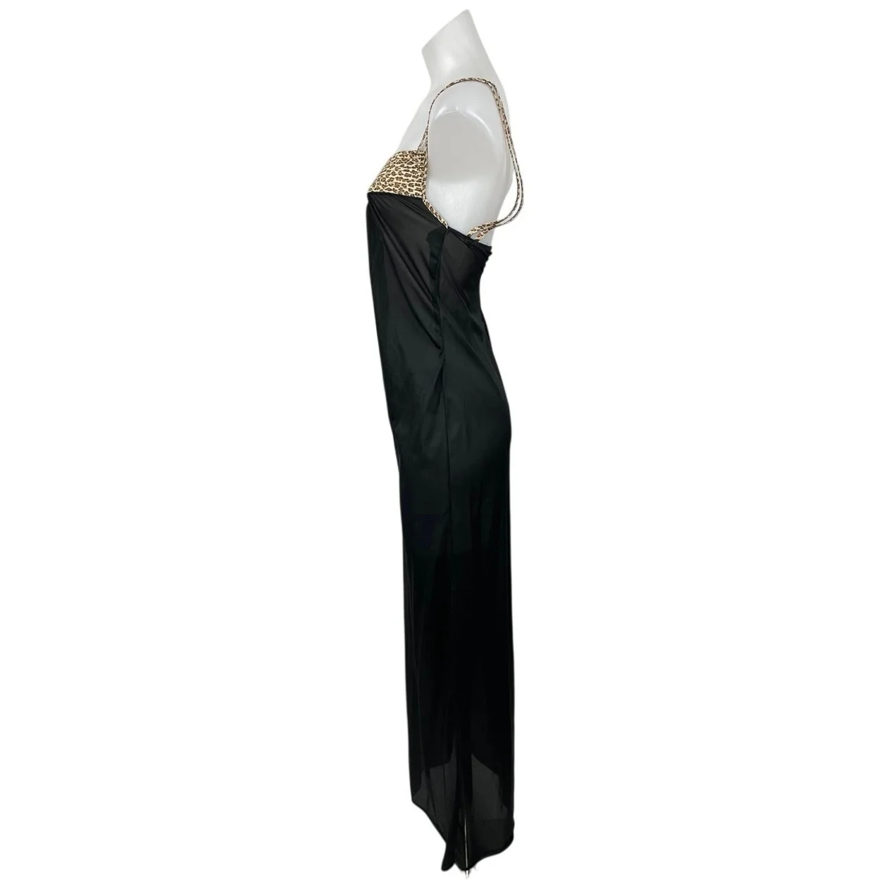 Women's Black Leopard Sleeveless Sheer Mesh Tank Cami Maxi Slip Dress Size M - Image 3