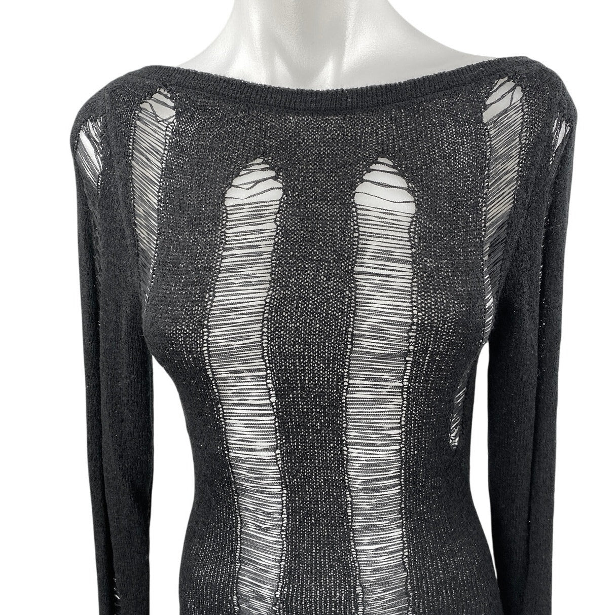 Women's Black Long Sleeve Open Knit Backless Boat Neck Mini Bodycon Dress Size S - Image 3