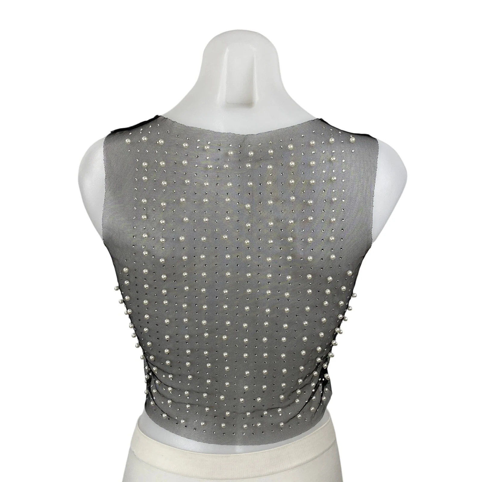 Women's Black Mesh Sheer Beaded Rhinestone Pearl Cami Tank Crop Top Size S - Image 4