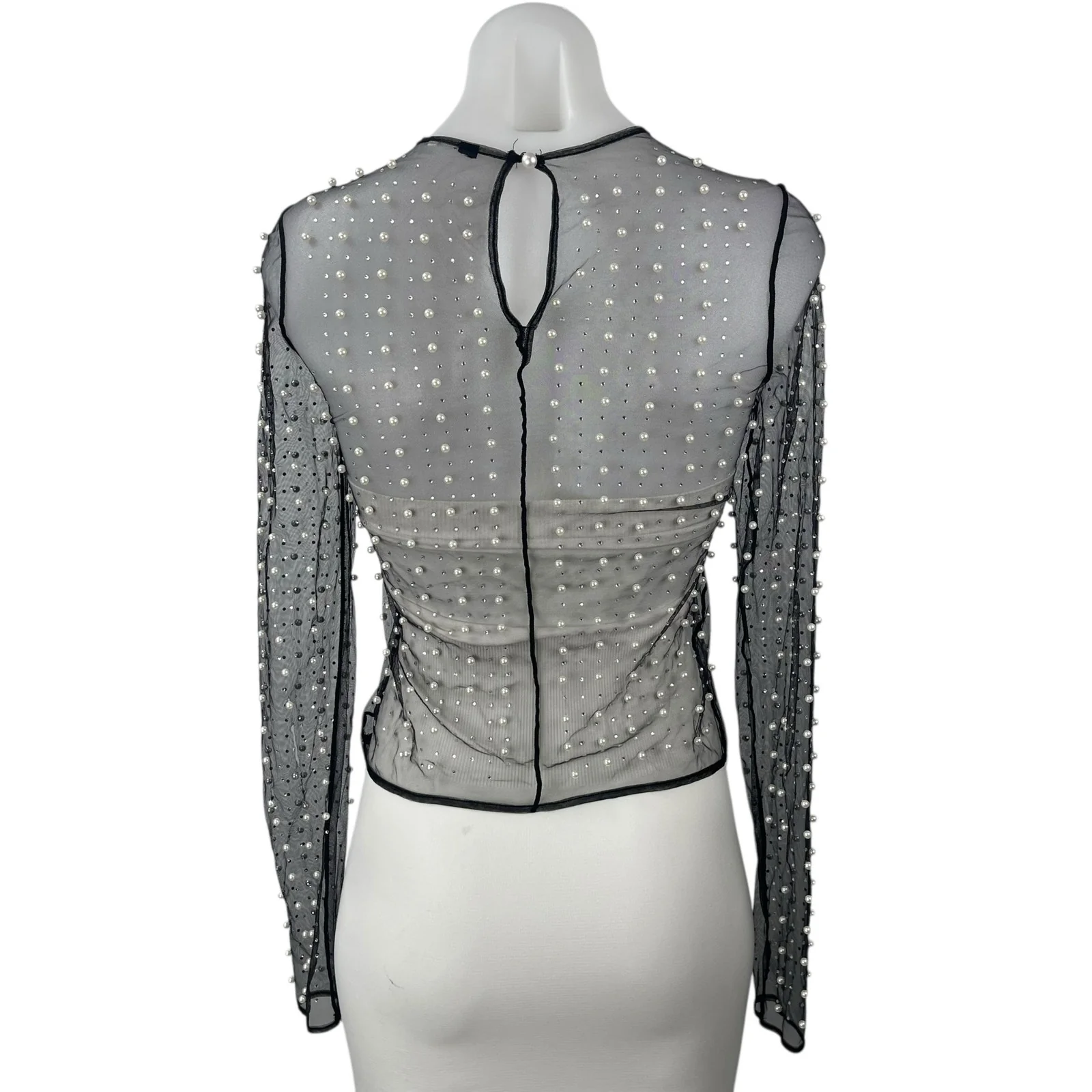 Women's Black Mesh Sheer Pearl Beaded Embellished Long Sleeve Crop Top Size S - Image 4