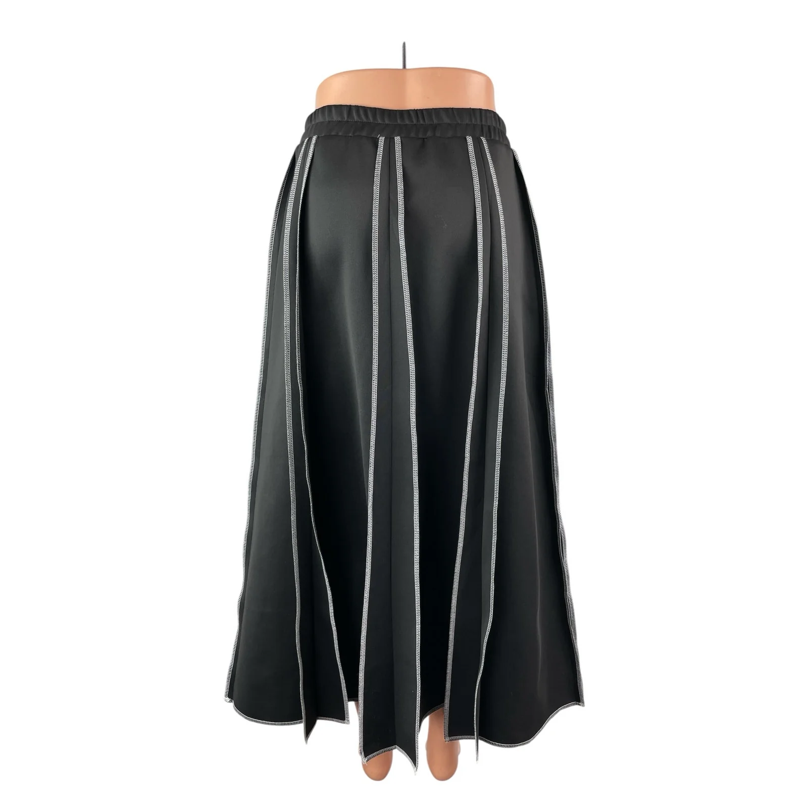 Women's Black Panelled Elastic Waist High Rise Pleated Midi Flare A-Line Skirt M - Image 4