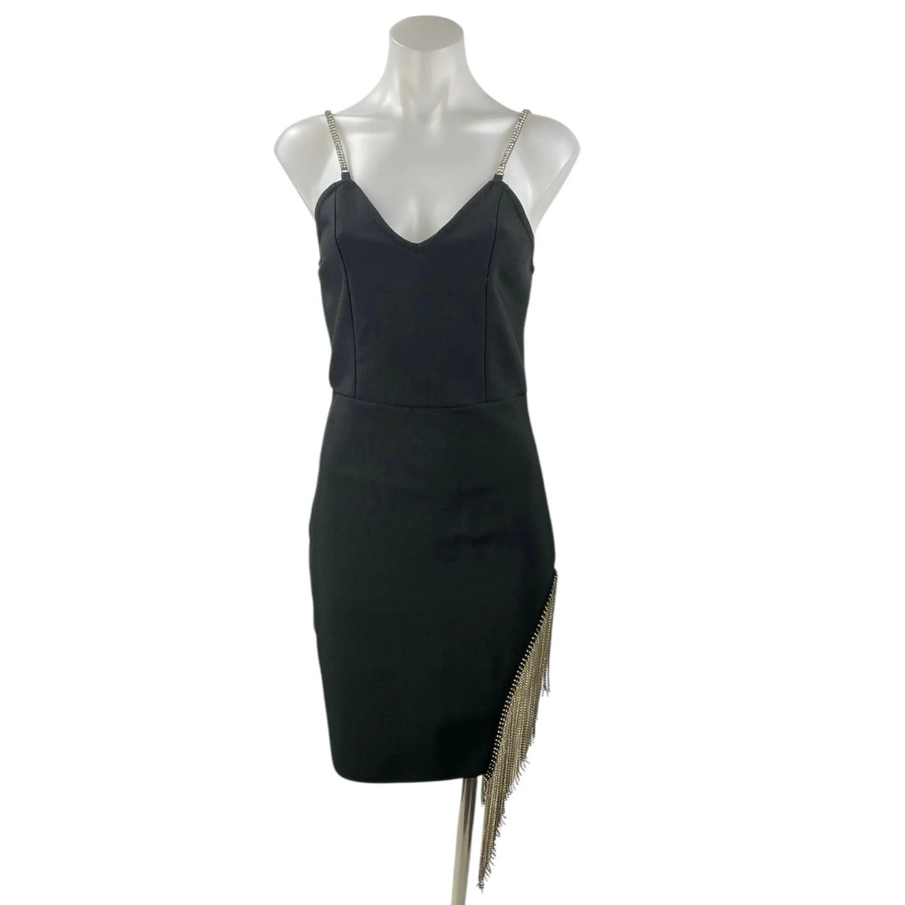 Women's Black Sleeveless V Neck Gold Fringe Beaded Cami Mini Bodycon Dress Sz M