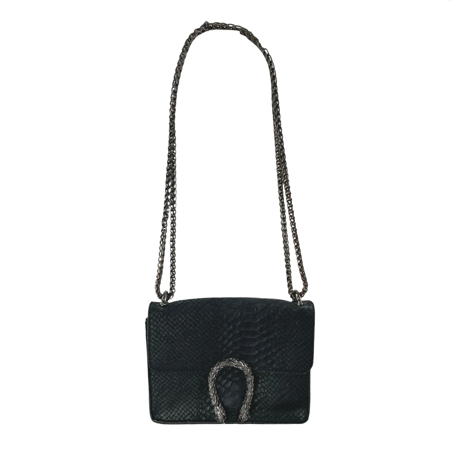 Women's Black Snakeskin Textured Faux Leather Horseshoe Chain Crossbody Bag OS - Image 3
