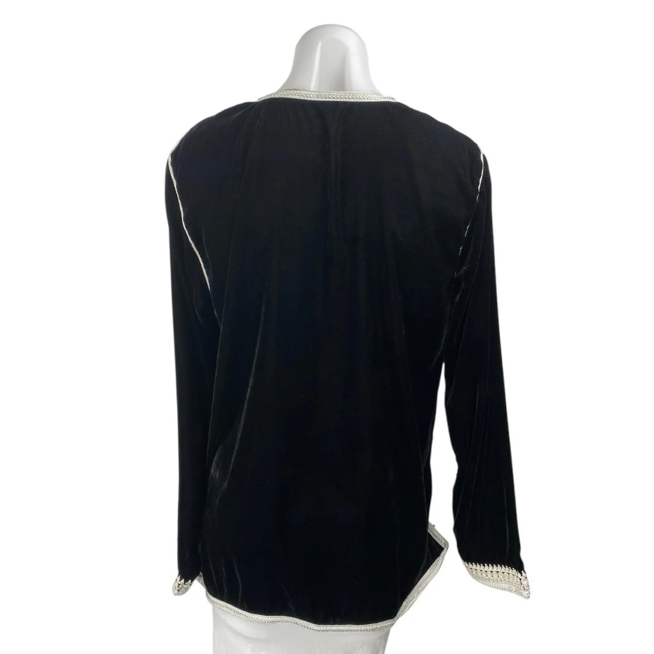 Women's Black Velvet Velour Moroccan Long Sleeve Embroidered Zip Up Blouse Top M - Image 2