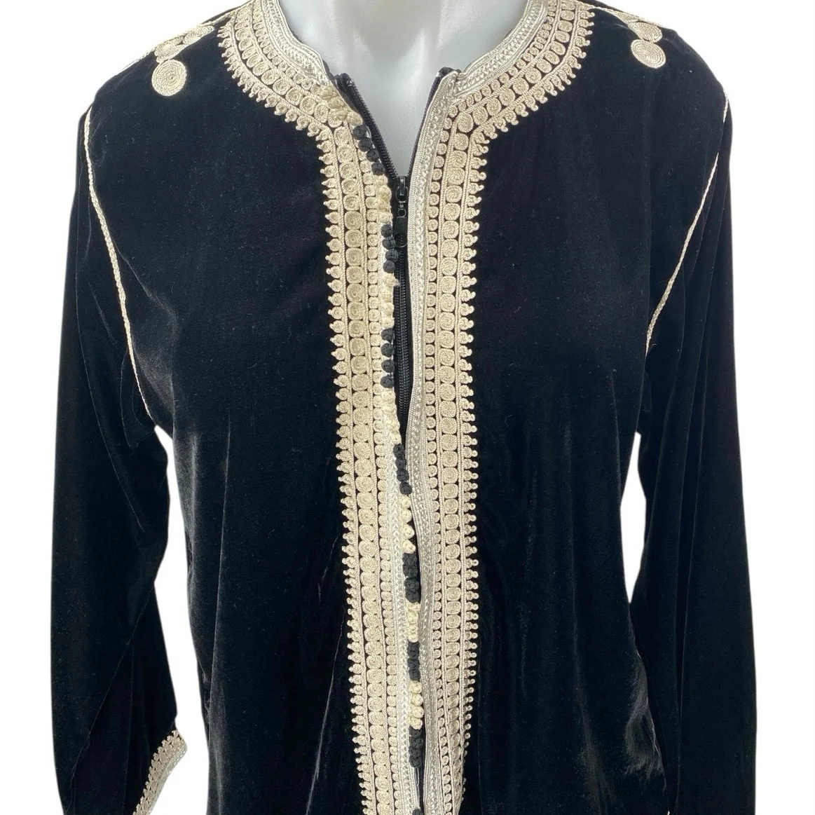Women's Black Velvet Velour Moroccan Long Sleeve Embroidered Zip Up Blouse Top M - Image 3