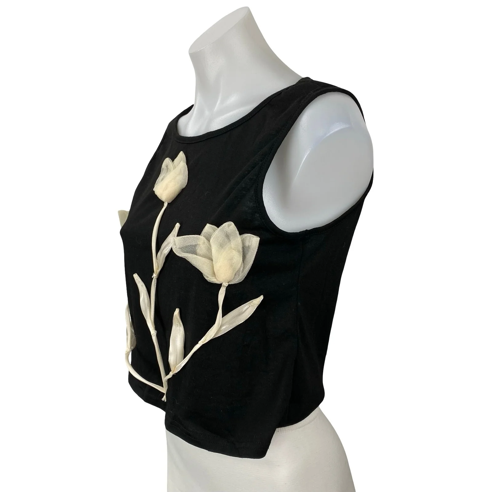 Women's Black White 3D Floral Tulip Crew Neck Sleeveless Slim Vest Tank Top Sz S - Image 2
