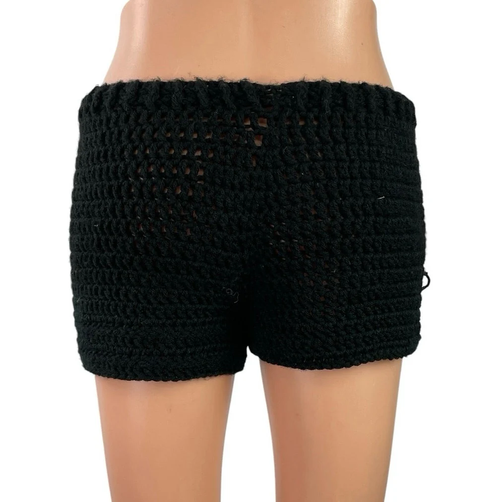 Women's Black White Plumeria Hibiscus Crochet High Waisted Beach Summer Shorts S - Image 3