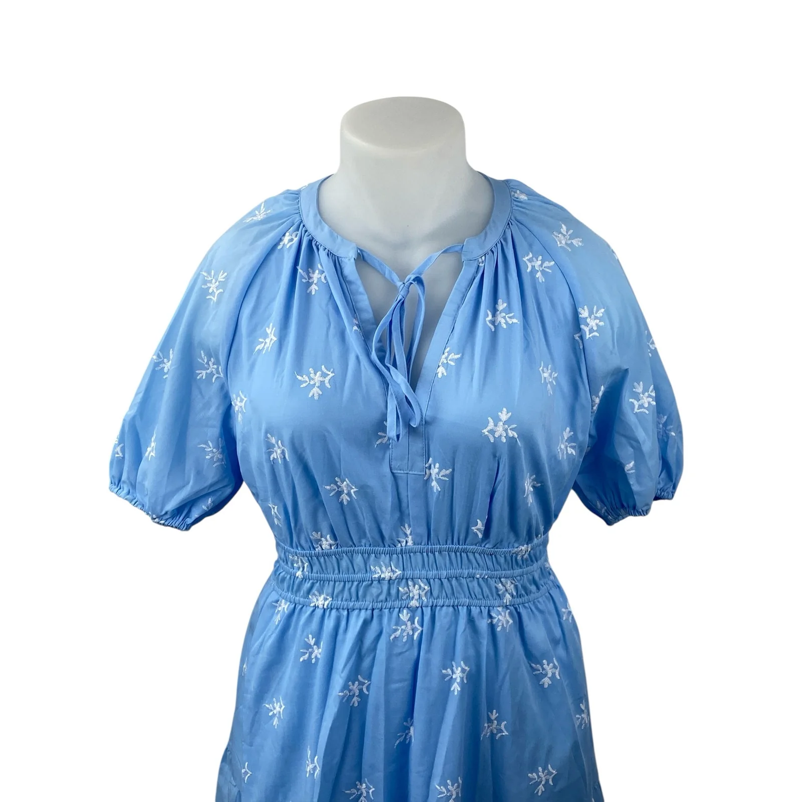 Women's Blue Embroidered Smocked Tiered Tie Neck Puff Sleeve Midi Flare A-Line L - Image 2