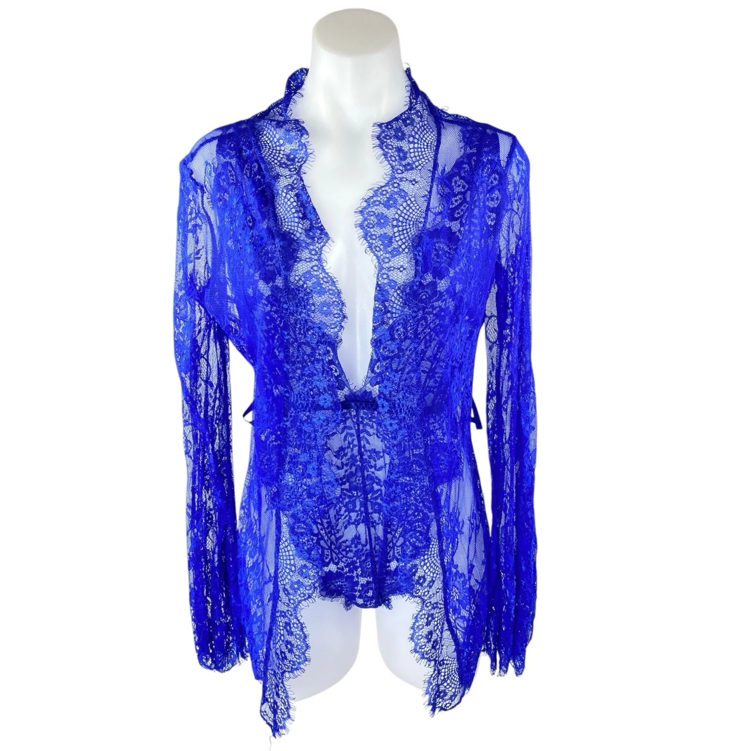 Women's Blue Floral Lace Deep Neck Chiffon Sheer 2-Piece Lingerie Matching Set L
