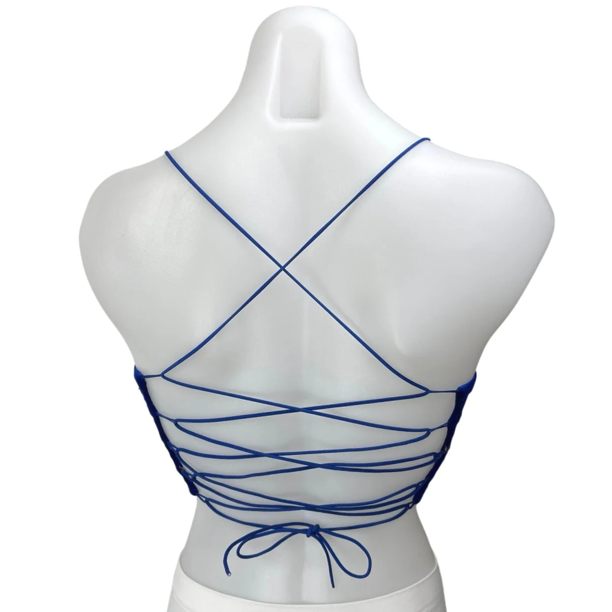 Women's Blue Gold Star Velvet Velour Strappy Crisscross Deep V Crop Top Size M - Image 2