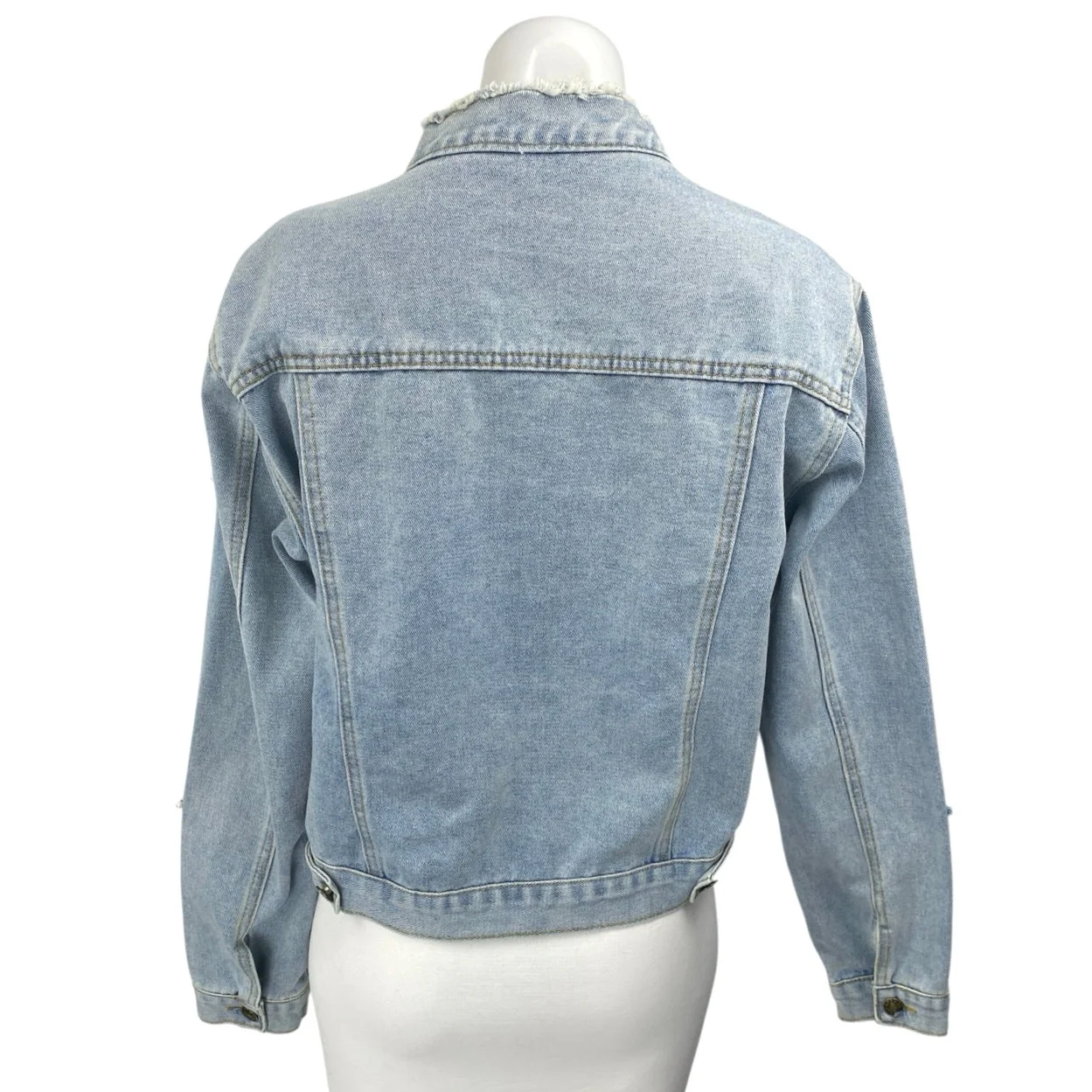 Women's Blue Star Beaded Long Sleeve Frayed Button Up Denim Jean Jacket Size M - Image 2