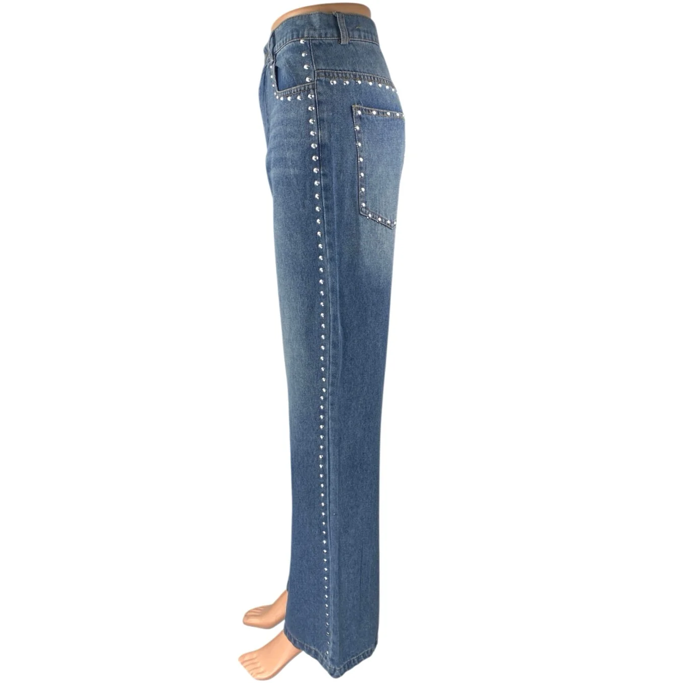 Women's Blue Studded Medium Wash High Waist Flared Bootcut Denim Jeans Pants 28 - Image 2