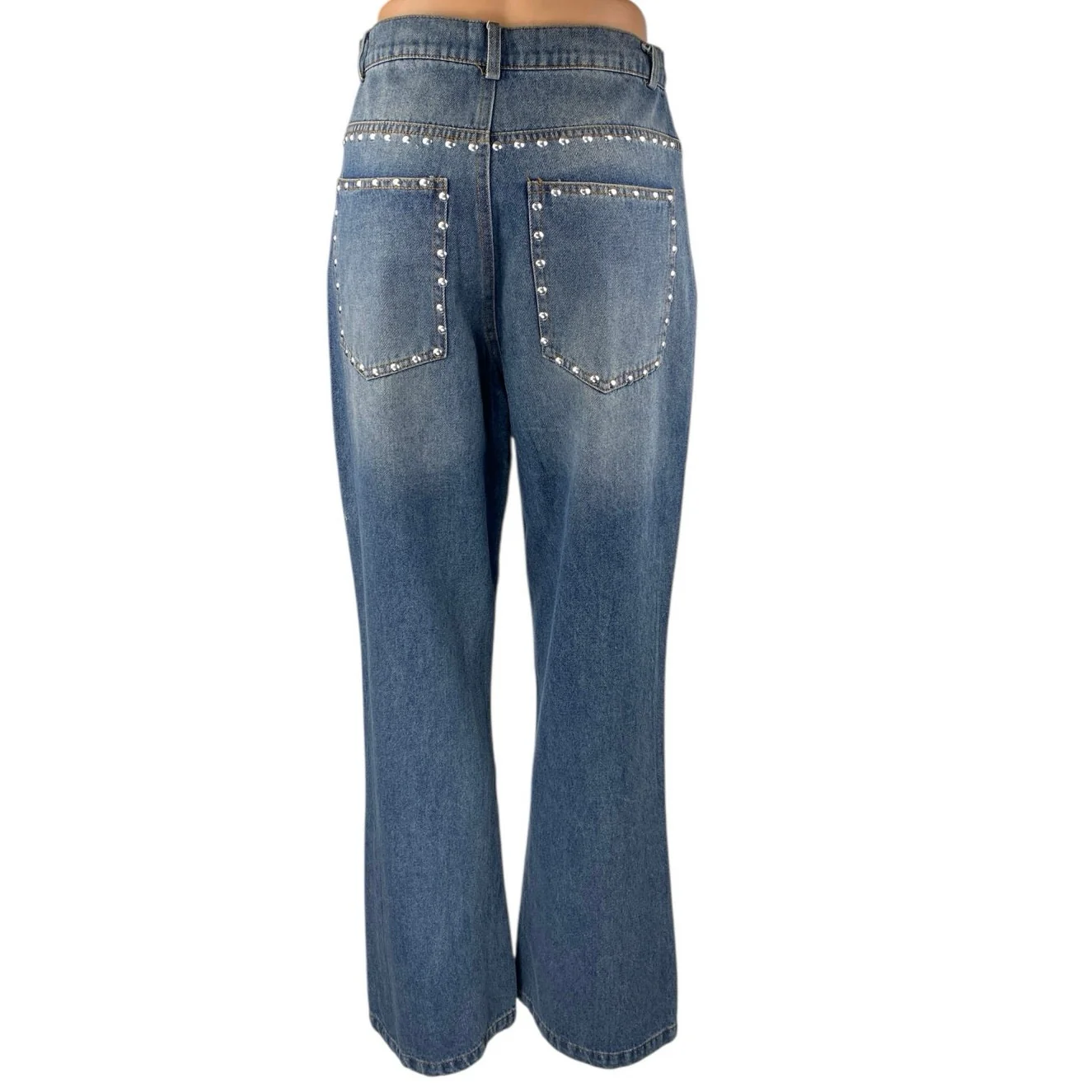 Women's Blue Studded Medium Wash High Waist Flared Bootcut Denim Jeans Pants 28 - Image 3