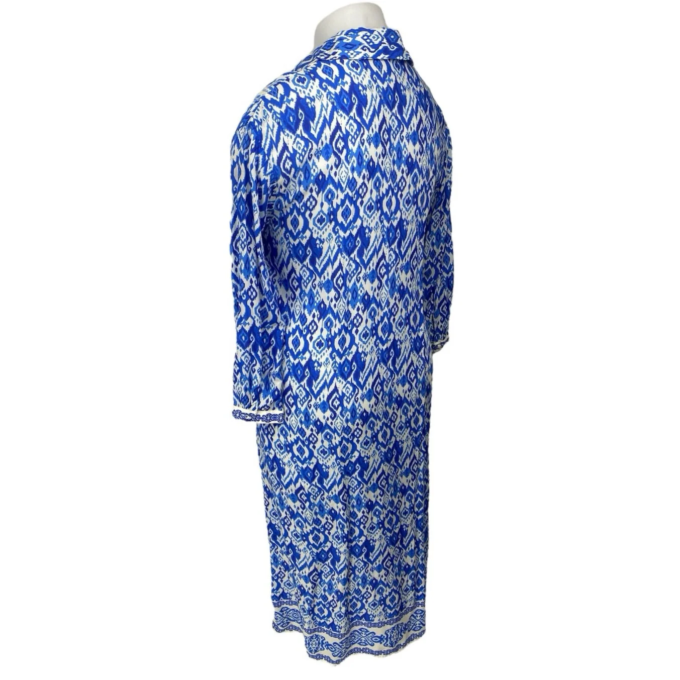 Women's Blue White Long Sleeve Abstract Argyle Button Up Maxi Shirt Dress Size L - Image 2
