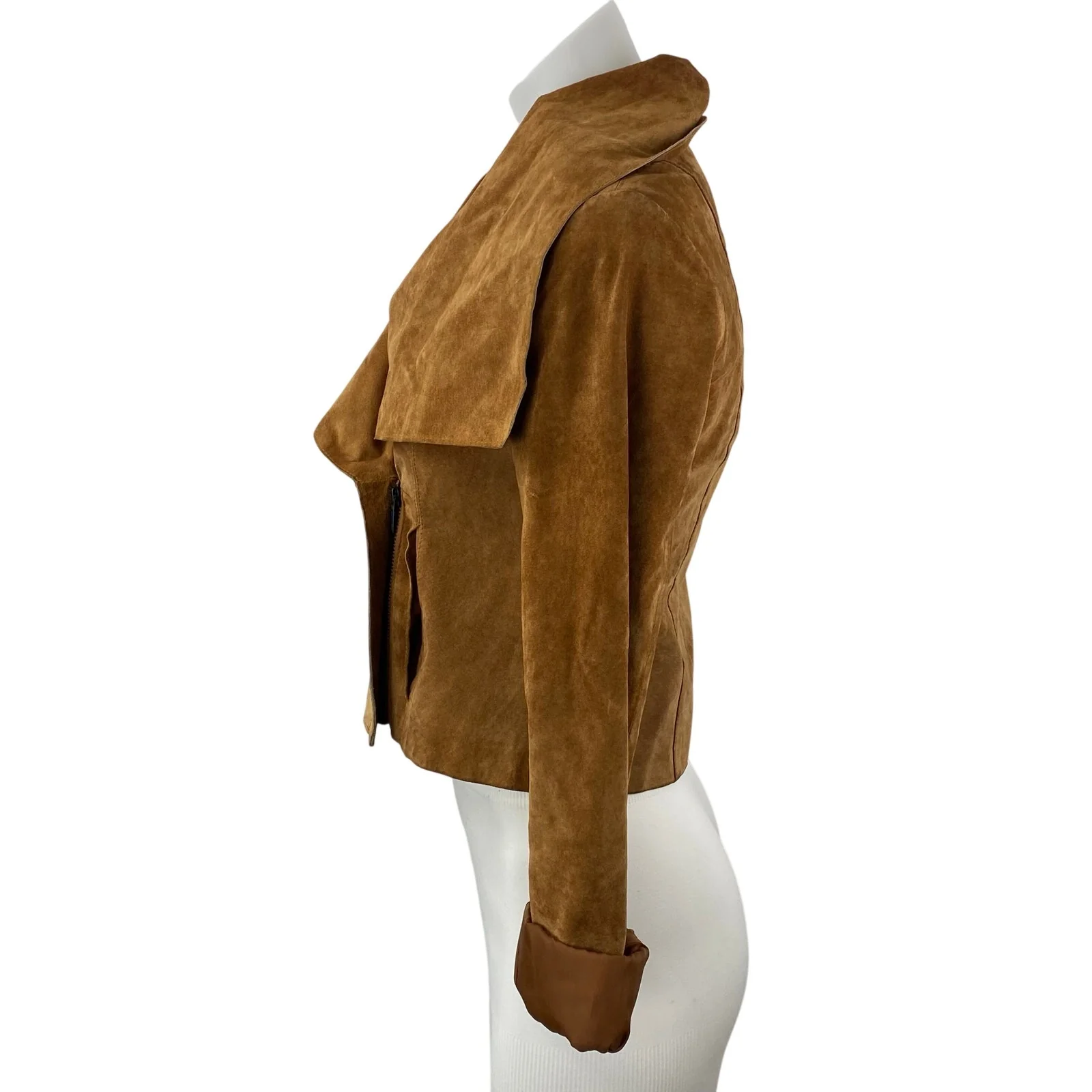 Women's Brown 100% Genuine Leather Long Sleeve Collared Crop Moto Coat Jacket S - Image 3