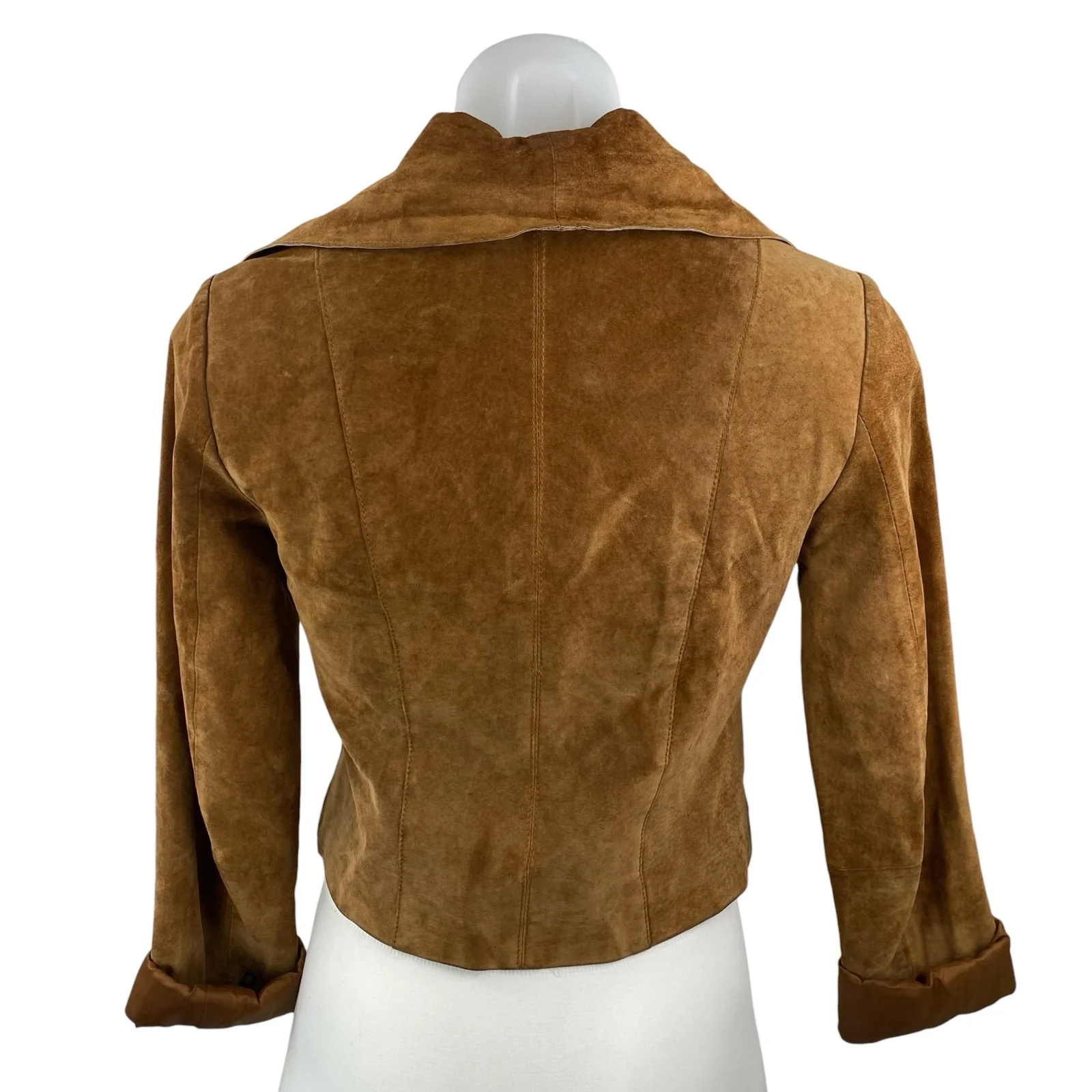 Women's Brown 100% Genuine Leather Long Sleeve Collared Crop Moto Coat Jacket S - Image 4