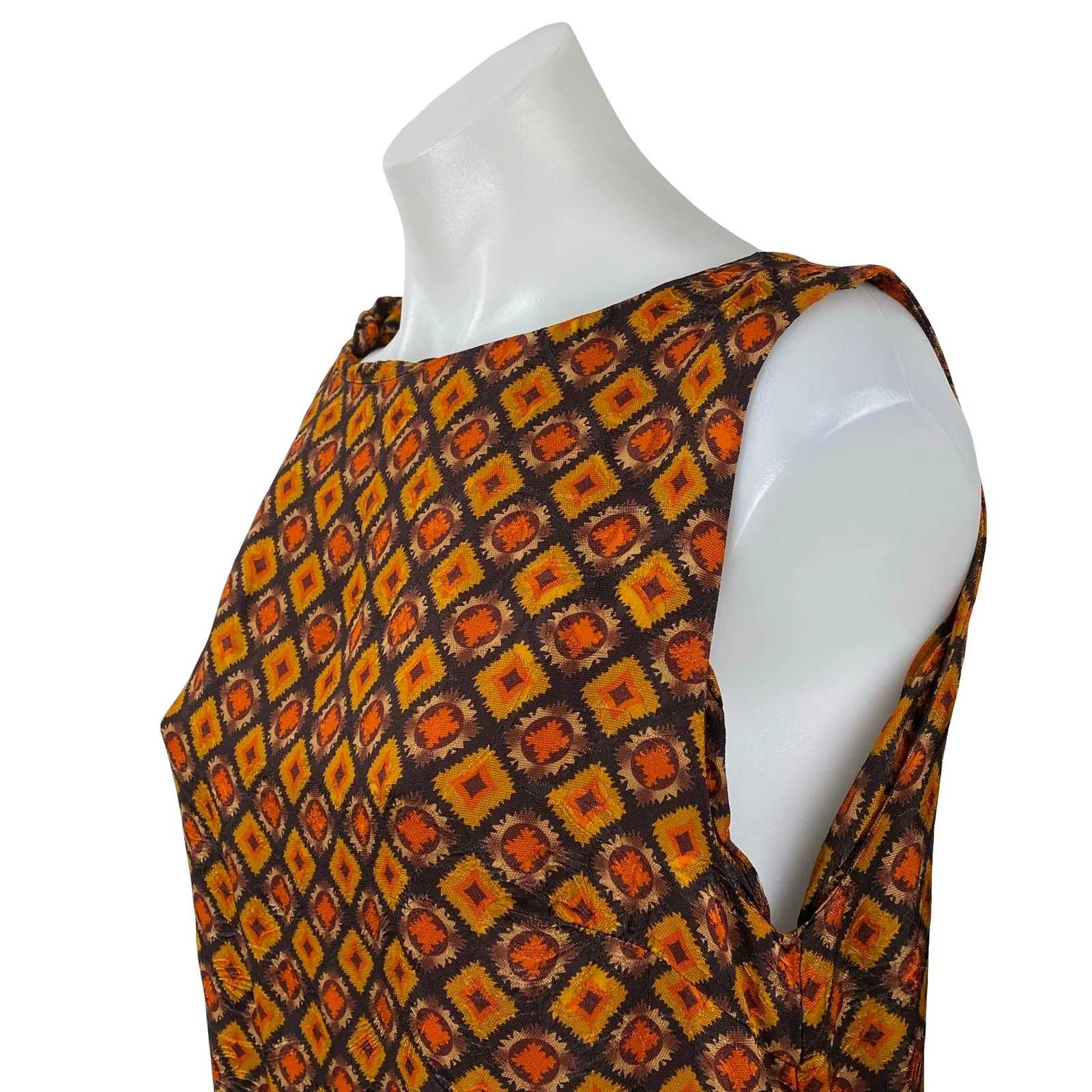 Women's Brown 100% Silk Geometric Sleeveless Bateau Neck A Line Midi Dress 12 - Image 3
